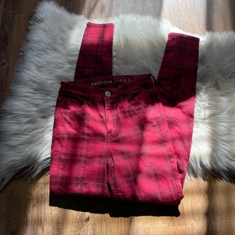 AMERICAN EAGLE Red Plaid High Rise Jeggings